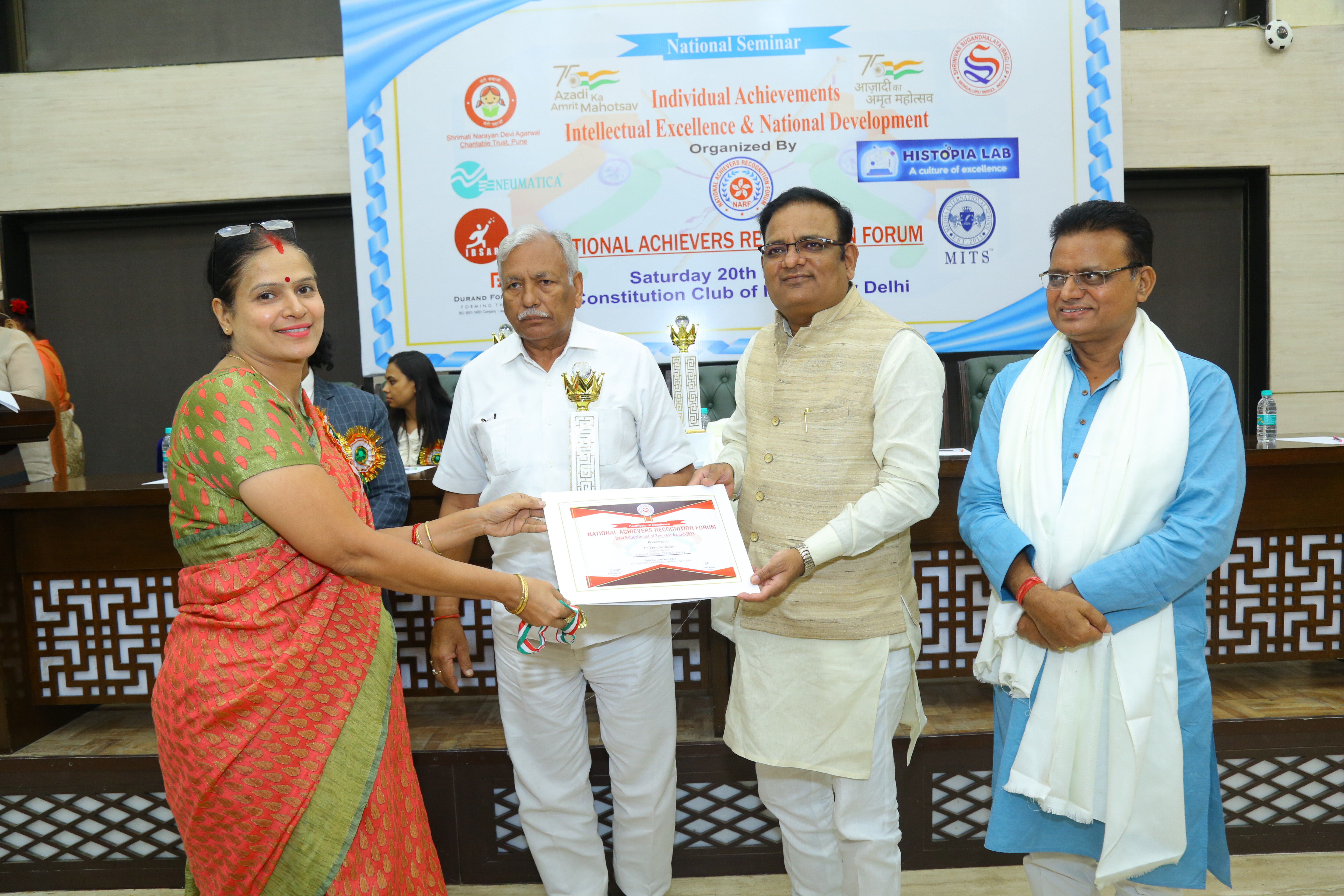 Dr. Jayanthi Ranjan Dean & Director School of Business Sharda University Awarded By Sh. Ram Niwas Goel  Honrable Speaker Delhi Vidhan Sabha & Sh. Raaj Kumar Anand Cabinet Minister of Social Welfare Govt. of Delhi.