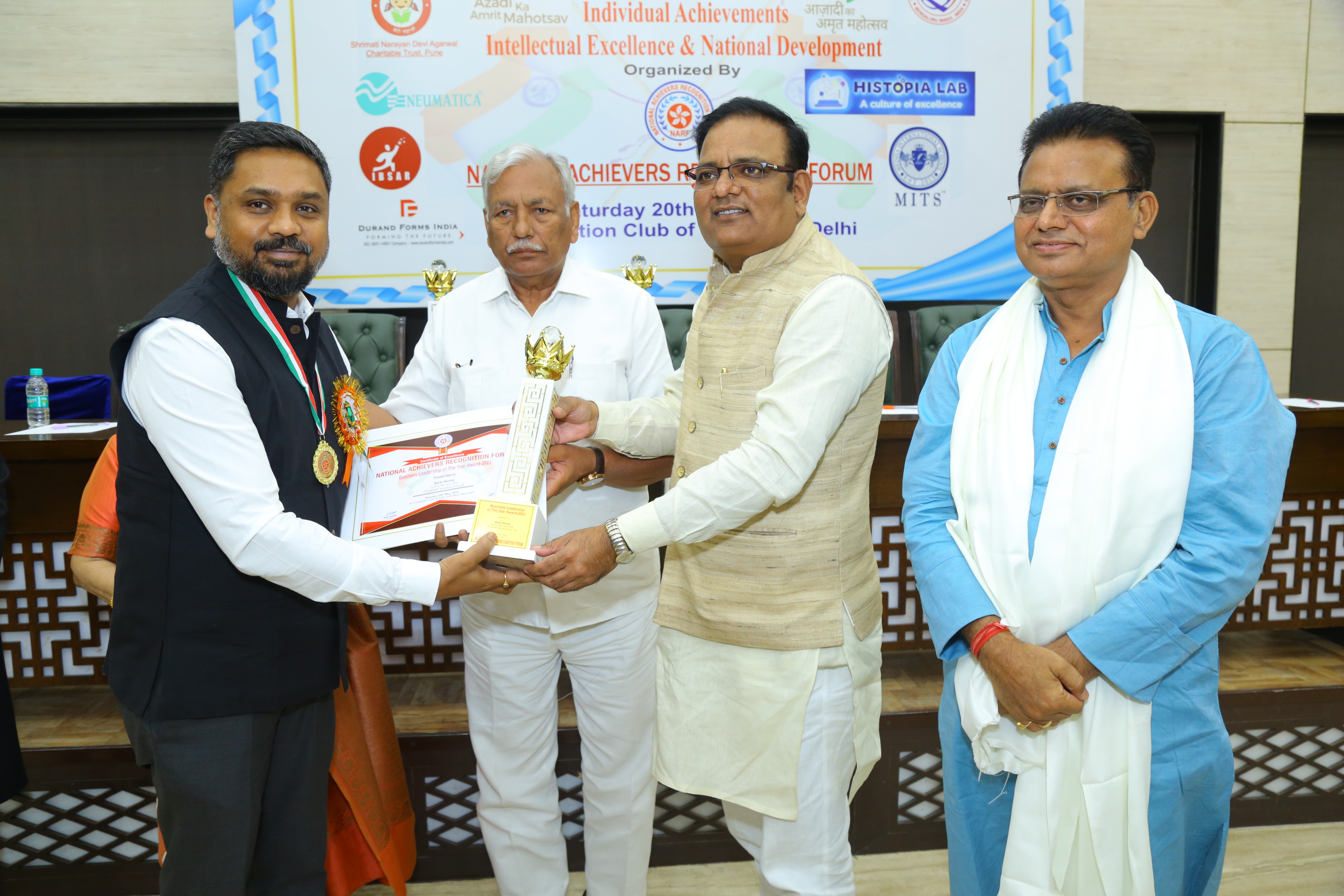 Sh. Saral Verma CEO FTA HSRP Solutions Pvt. Ltd. Awarded By Sh. Ram Niwas Goel Honrable Speaker Delhi Vidhan Sabha. & Sh. Raaj Kumar Anand Cabinet Minister for Social Welfare Govt. Of Delhi.